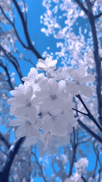 White flowers against a blue sky