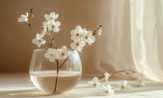 Photo white flowers are inside a candle glass