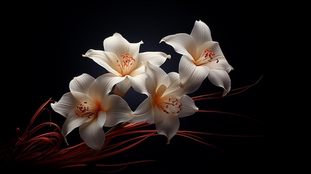 white flowers on black background in the style of light black white and orange captures the essence of nature