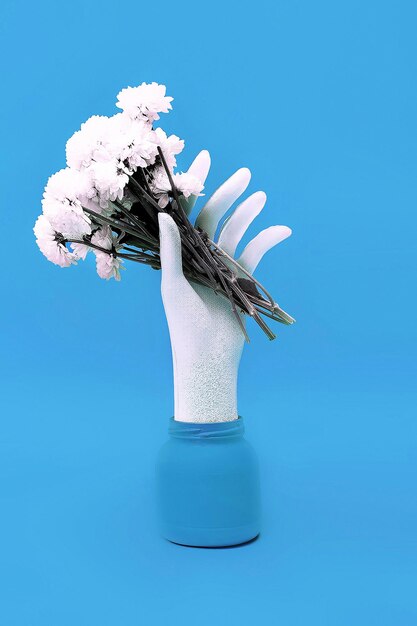 White flowers blue interior art minimalism design