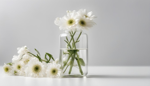 white flowers in a bottle on a white background