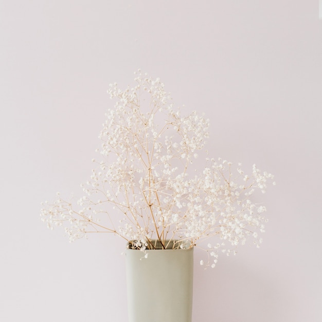 White flowers bouquet on pink. Minimal floral composition.