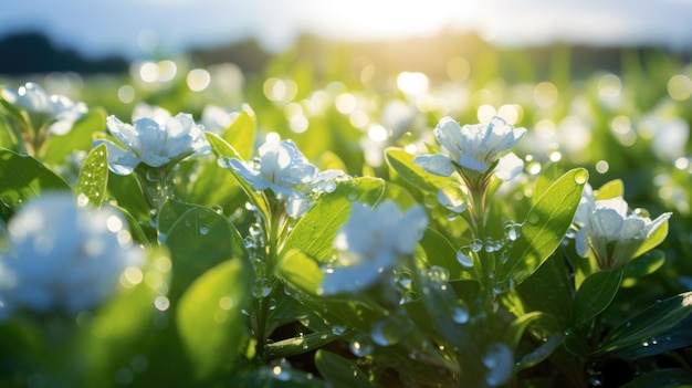 White flowers in the field with water droplets ai