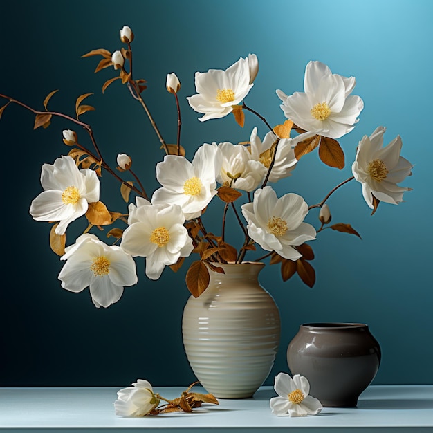 Белые цветы в стеклянной вазе на столе в японском стиле