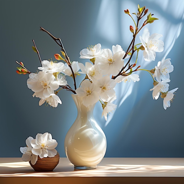 White flowers in a glass vase on a table in the style of japane