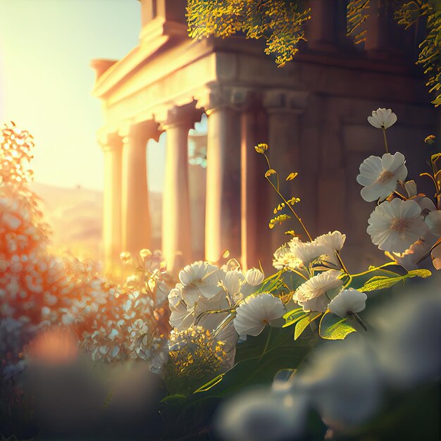 White Flowers Greece Morning Romantic Journey Concept Abstract Generative AI Illustration