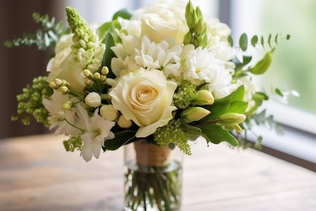 white flowers and green leaves bridal bouquet