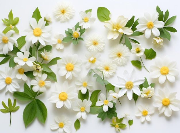 White flowers and leaves background