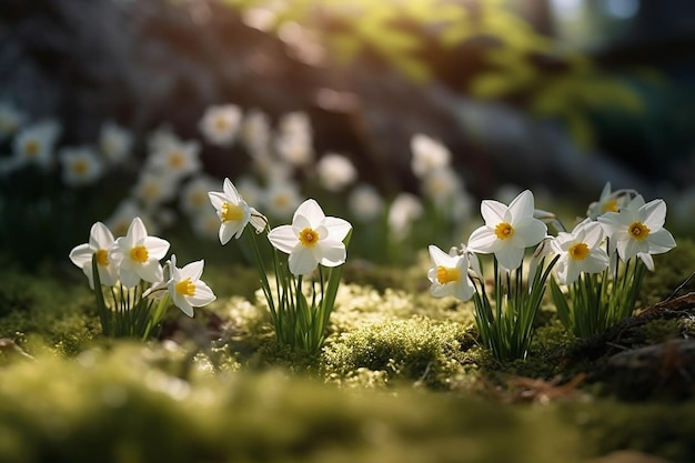 white flowers on a mossy rock