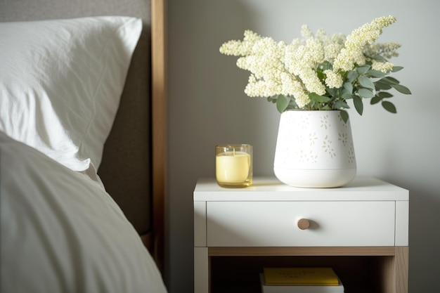 White flowers on a nightstand by the cozy wooden bed