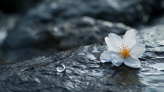 写真 白い花が黒い湿った石の表面に置かれています