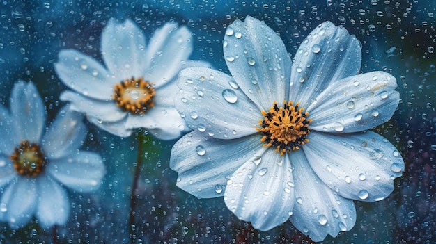 White flowers in the rain with raindrops on them