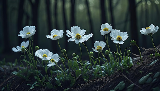 White flowers on a rock in the forest