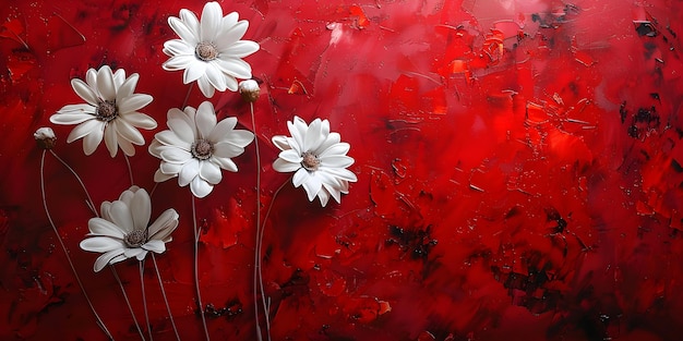 White flowers stand out against a striking red background in a painting Concept White flowers Red background Floral painting Contrast Vibrant colors