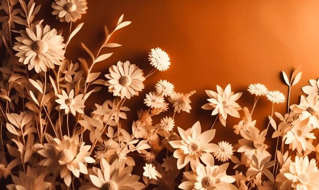 황갈색 벽에 하얀 꽃