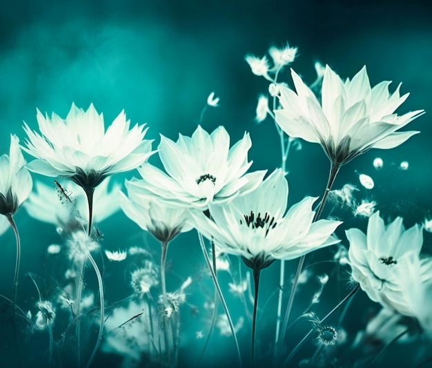 青緑色の背景に白い花