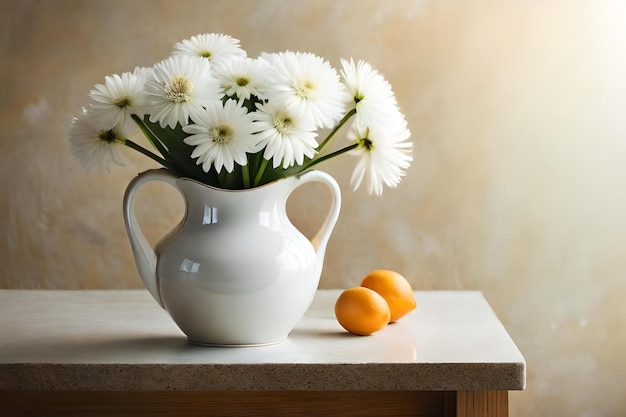 White flowers in a vase with oranges and a yellow background.