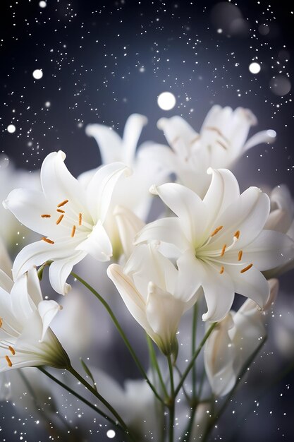 White flowers in a vase with snowflakes