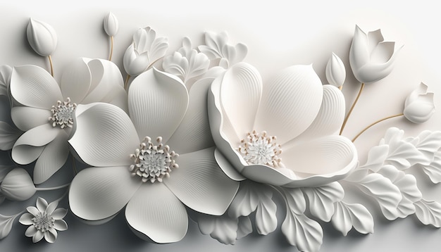 White flowers on a white background.Beautiful decorative design.Generative ai.