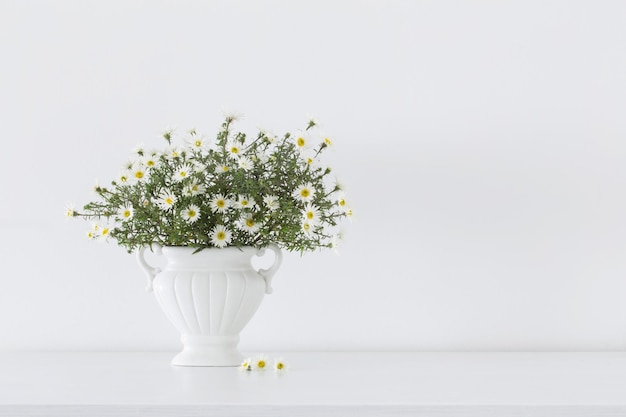 White flowers in white ceramic vase in white interior