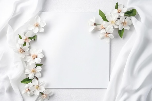 White flowers on white fabric Flat lay top view copy space Floral background