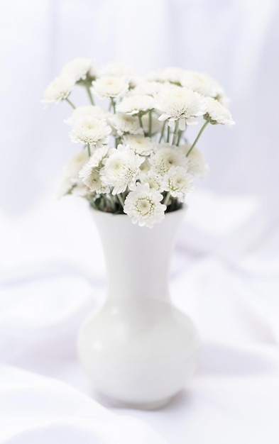 White flowers in white vase on white background with copy space and selective focus Greeting or invitation card