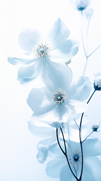 white flowers with blue colors in the style of ambient occlusion