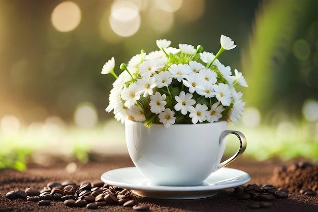 Photo white flowers with coffee cupe generative ai