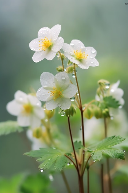 White flowers with dewdrops on the leaves