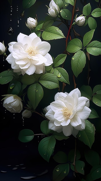 녹색 잎과 검정색 배경을 가진 흰색 꽃.
