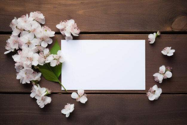 White flowers with green leaves and blank card on a wooden background