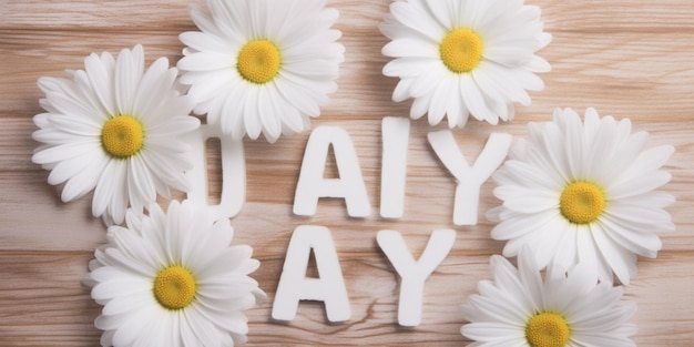 White flowers on a wooden background with daisies