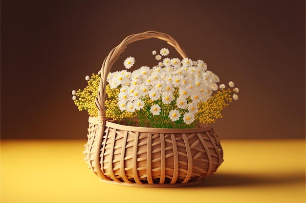 White flowers in wooden basket on yellow spring background 3D Rendering