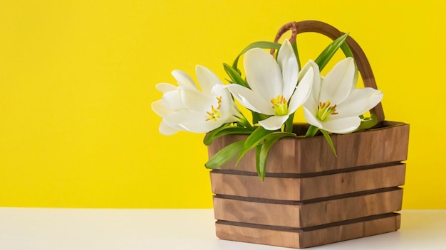 White flowers in wooden basket on yellow spring background