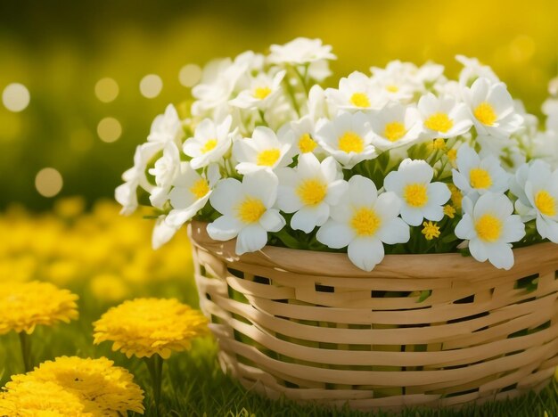 White Flowers in Wooden Basket on Yellow Spring Background