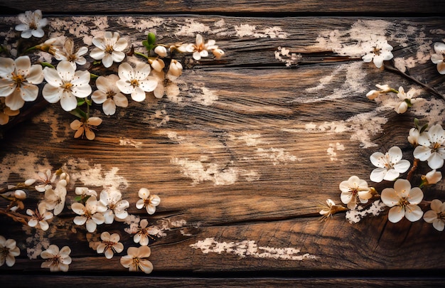 木製のテーブルに白い花