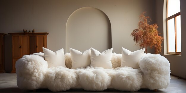 White fluffy bubble boucle sofa is sitting in an empty room mock up background decoration scene