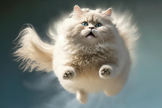 A white fluffy cat is flying in the air