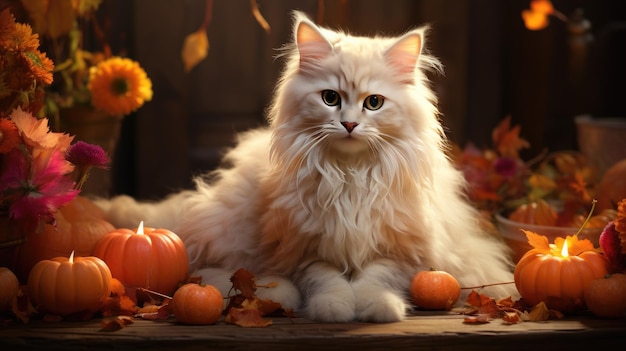 A white fluffy cat is relaxing next to a candle Generative Ai