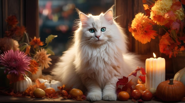 A white fluffy cat is relaxing next to a candle generative ai
