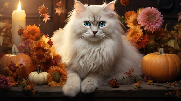 A white fluffy cat is relaxing next to a candle Generative Ai