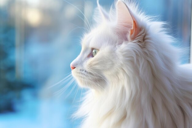 Foto gatto peloso bianco che guarda fuori dalla finestra