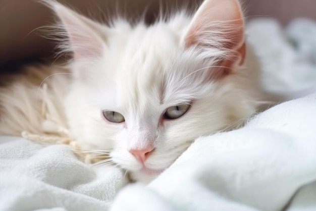 White fluffy cat lying on the bed and looking at the camera Generative AI