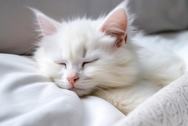 White fluffy cat lying on the bed and looking at the camera Generative AI