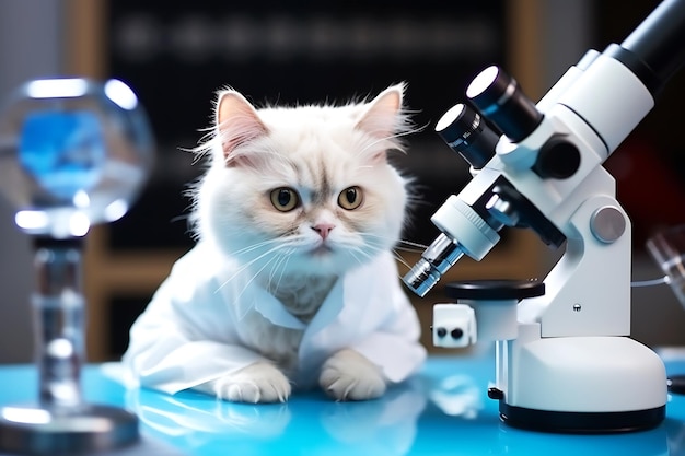 White fluffy cat professor posing in the laboratory near the microscope Horizontal photo