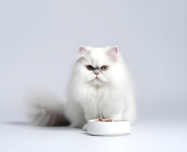 White fluffy cat sitting near the bowl of pet food Generative AI