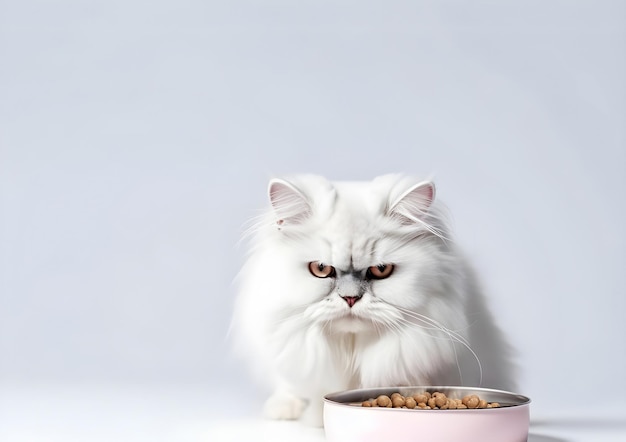 애완 동물 사료 그릇 근처에 앉아 있는 하얀 솜털 고양이 Generative AI