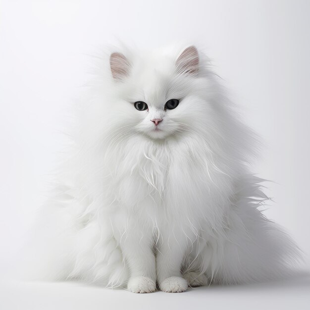 白いふわふわの猫がスタジオで 毛深い優雅さの驚くべき肖像画
