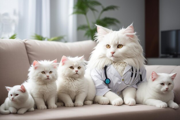 写真 ホワイトのふわふわ猫の医ソファに猫と動物がいる