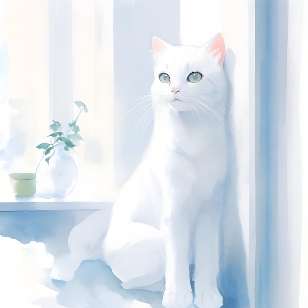 Photo white fluffy cat watercolor